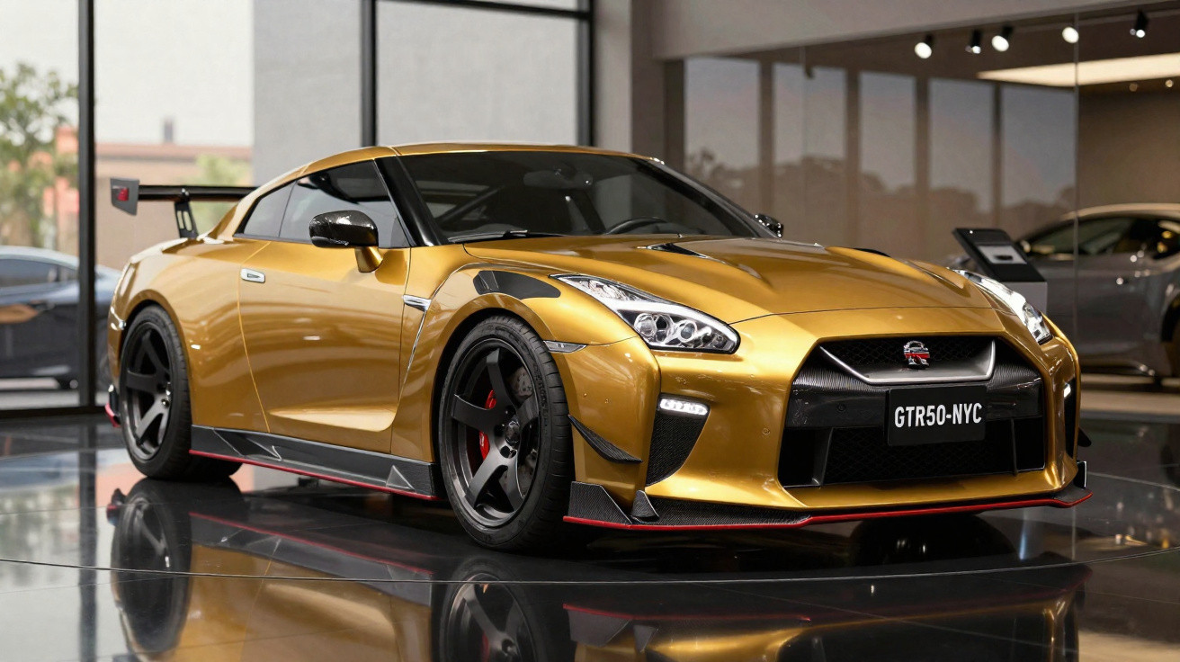Carro esportivo dourado Nissan GT-R estacionado em showroom moderno com piso refletivo.