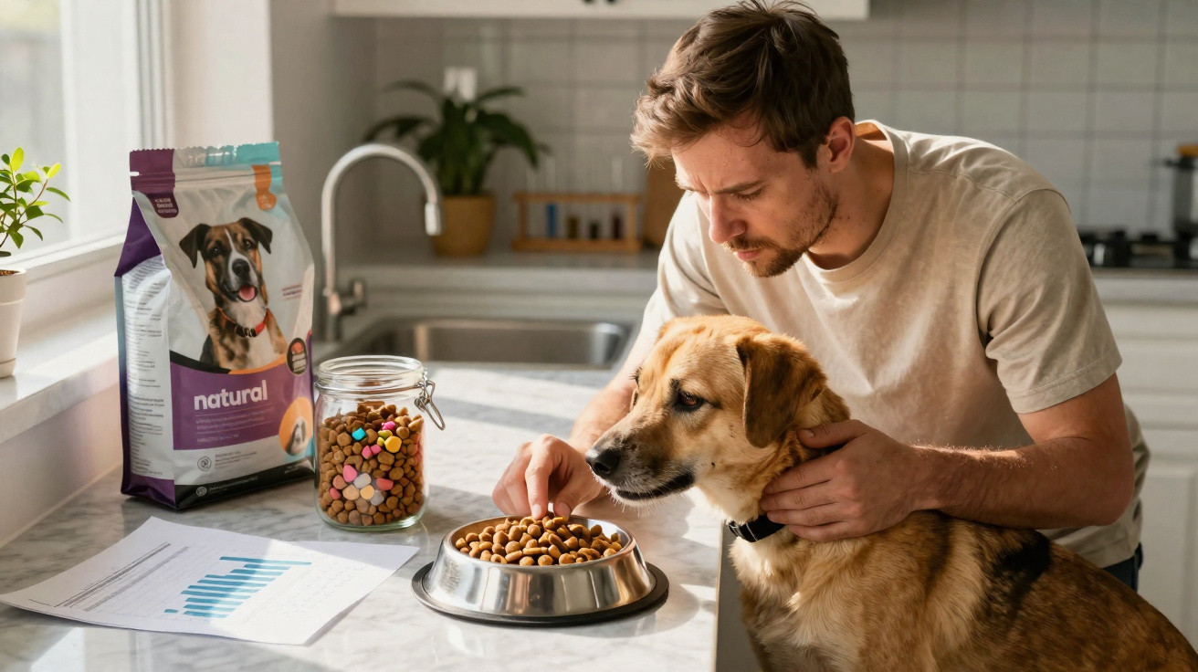 Homem alimentando cachorro com ração natural em pote na cozinha iluminada.