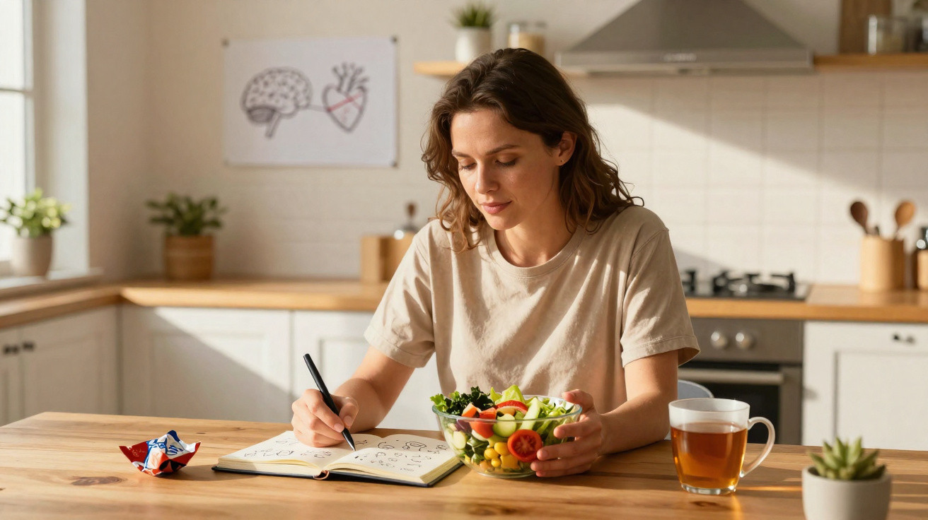 Mulher sentada à mesa na cozinha escrevendo em caderno e segurando tigela de salada com chá ao lado.