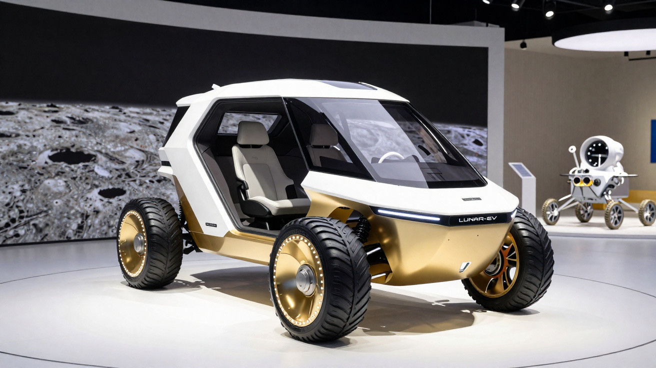 Veículo conceitual Lunar-EV com design futurista branco e dourado exposto em salão automotivo.