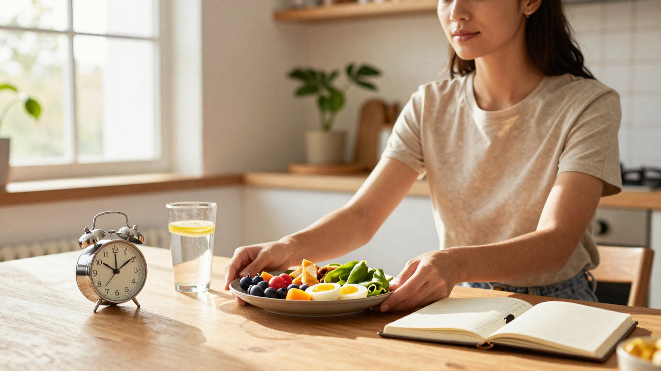 Mulher sentada à mesa com prato de frutas e verduras, copo d'água e livro aberto em cozinha iluminada.
