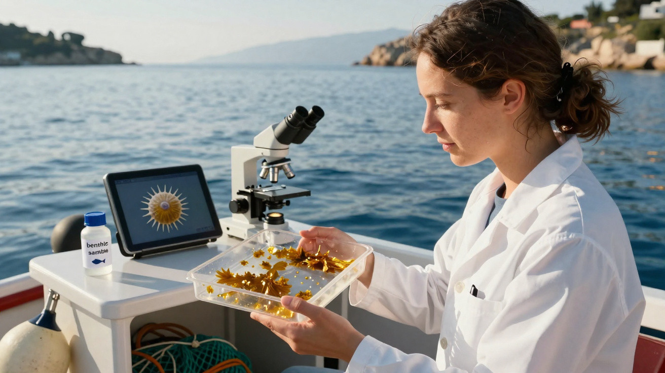 Mulher cientista em barco analisa algas marinhas em bandeja com microscópio e tablet ao fundo.