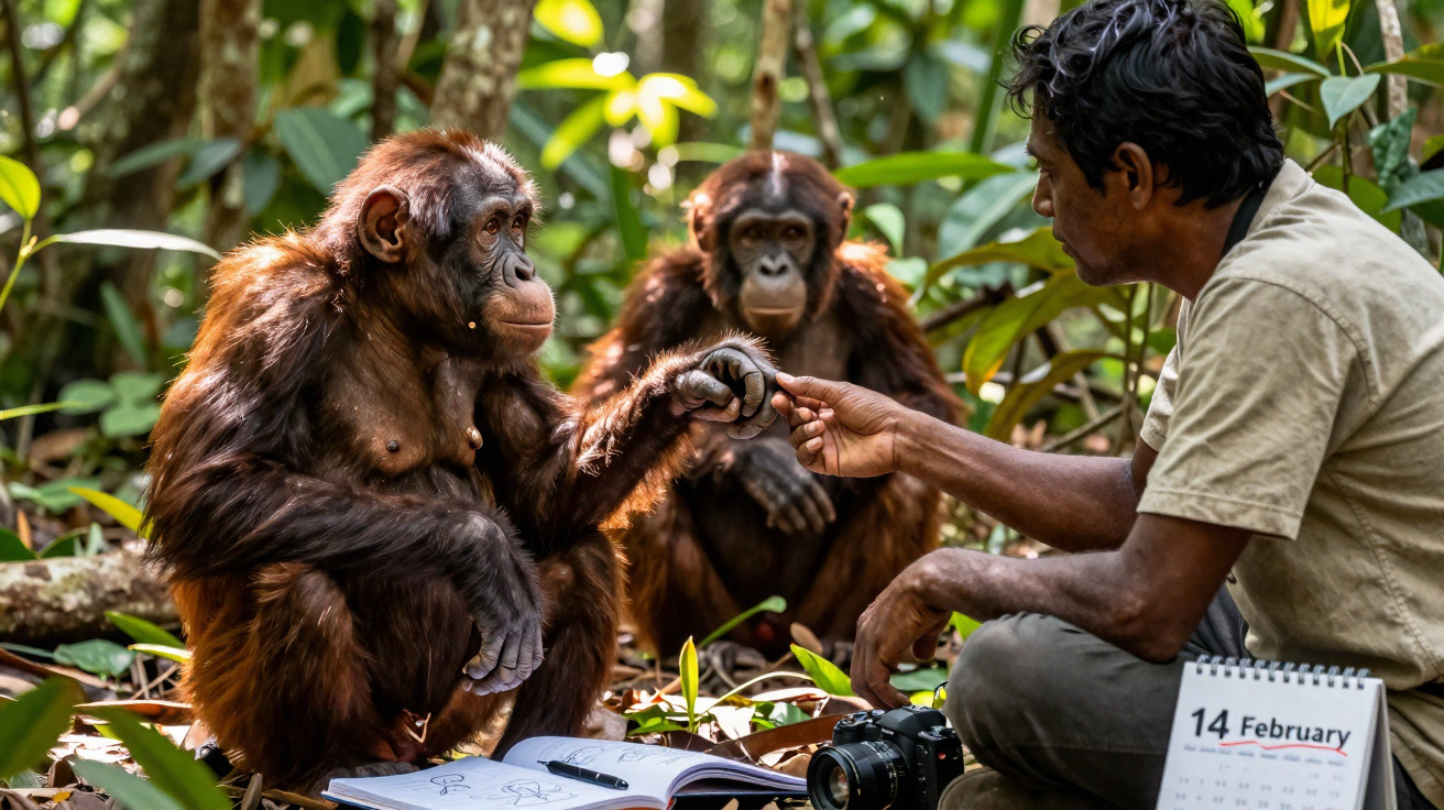 Homem interage com dois chimpanzés em floresta, tocando mãos enquanto estão sentados no chão.