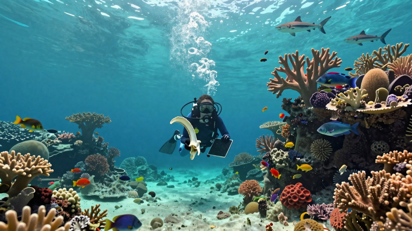 Mergulhador explorando recife de corais com peixes coloridos e dois tubarões ao fundo.