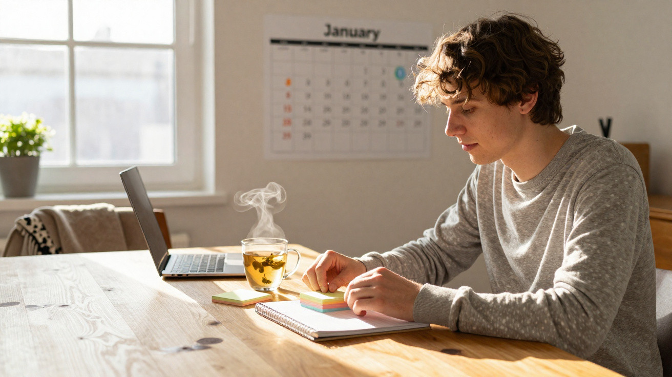 Jovem sentado à mesa preparando anotações, com laptop aberto, chá quente e calendário de janeiro na parede.