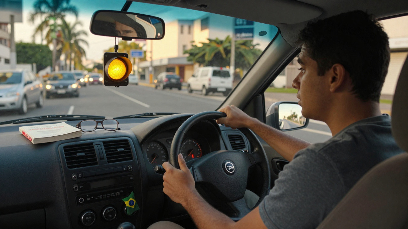 Homem dirigindo carro e aguardando sinal amarelo em avenida com prédios e carros ao redor.
