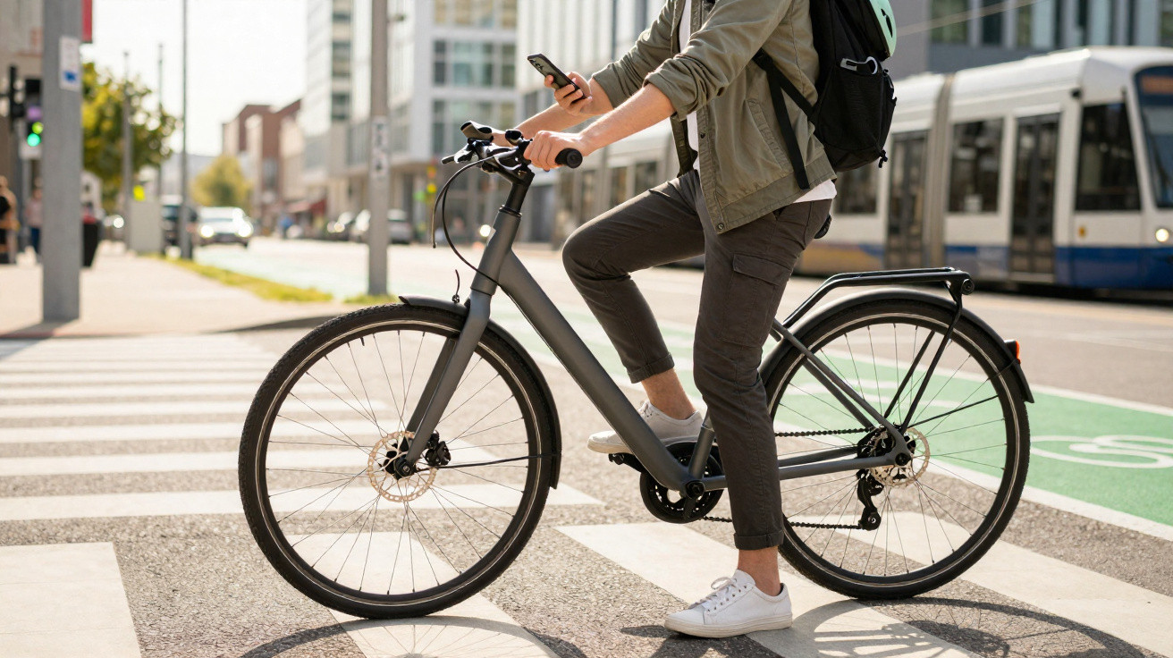 Pessoa parada de bicicleta segurando celular em faixa de pedestres na cidade durante o dia.