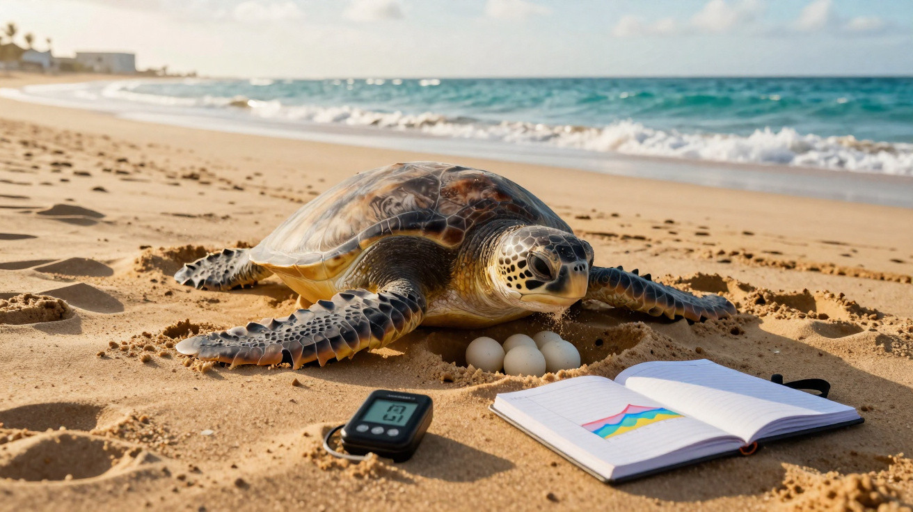 Tartaruga marinha na areia de praia cuidando de ovos próximos a contador digital e caderno aberto com gráficos.