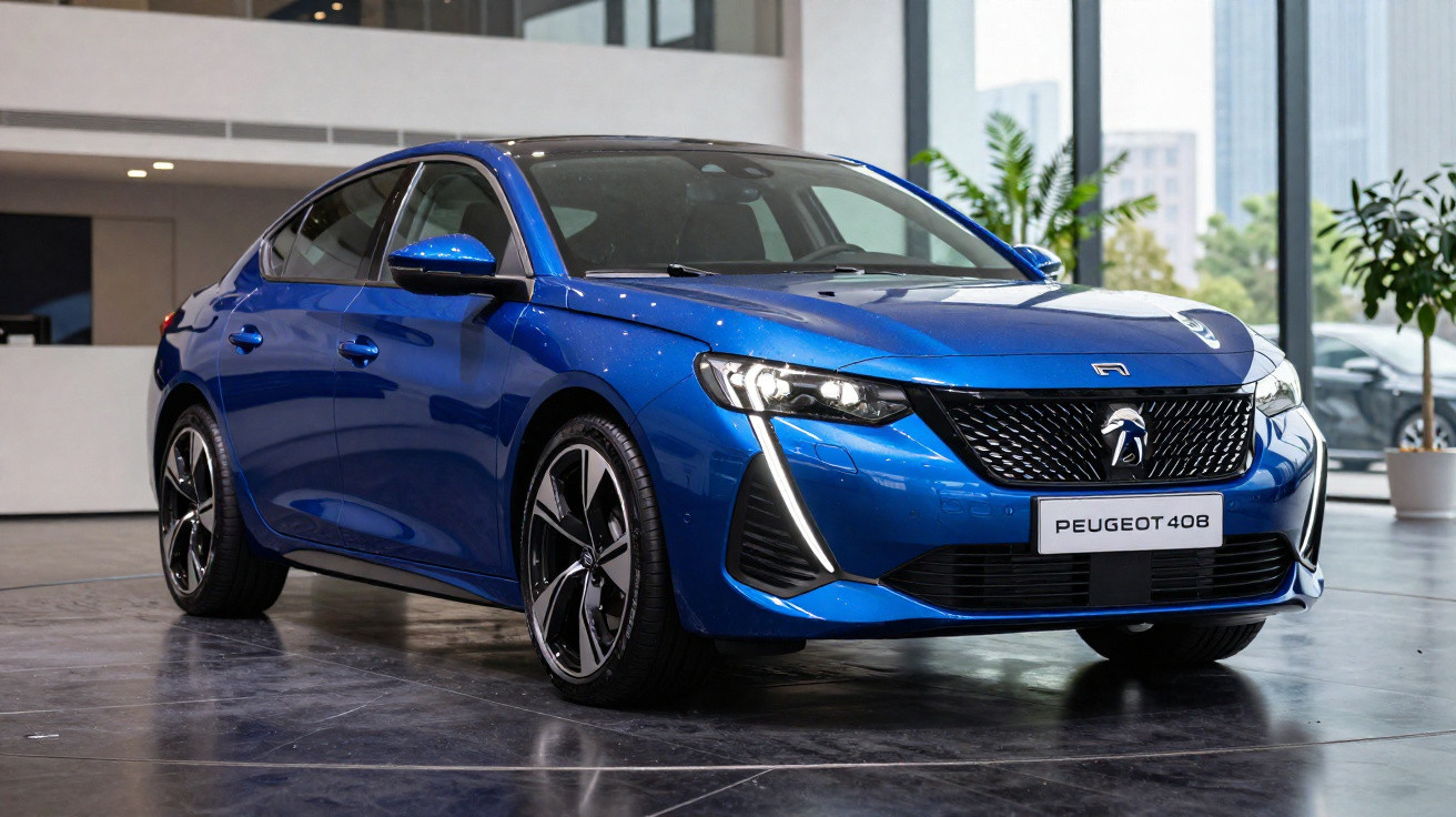 Carro azul Peugeot 408 estacionado em ambiente interno com piso refletivo e plantas ao fundo.