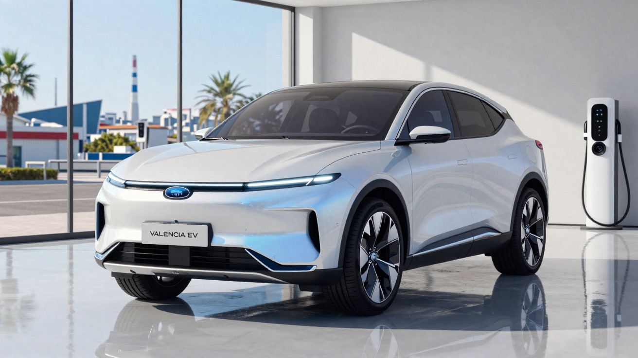 Carro elétrico branco estacionado em showroom moderno com estação de recarga ao fundo.