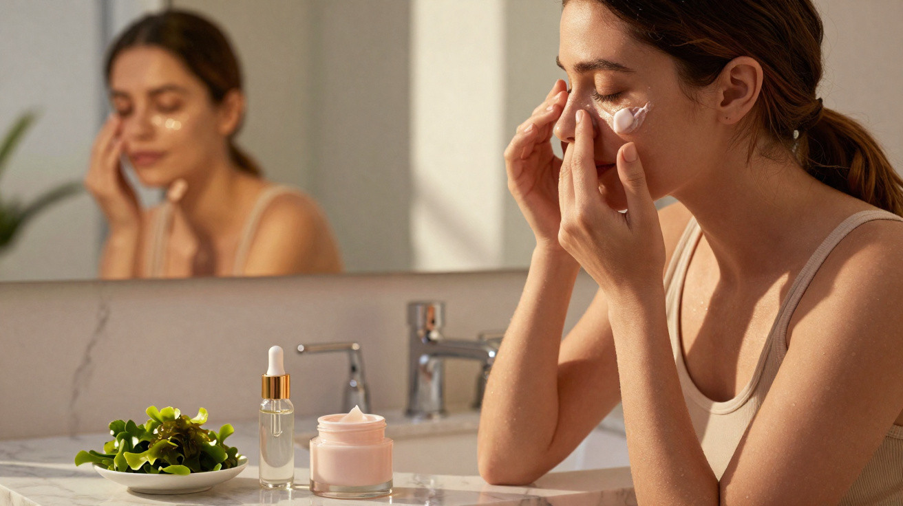 Mulher aplicando creme facial em um banheiro com produtos de skincare no balcão à frente.