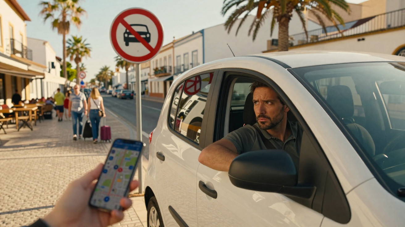 Homem em carro observando placa de proibição de passagem para veículos em rua com pedestres e palma.