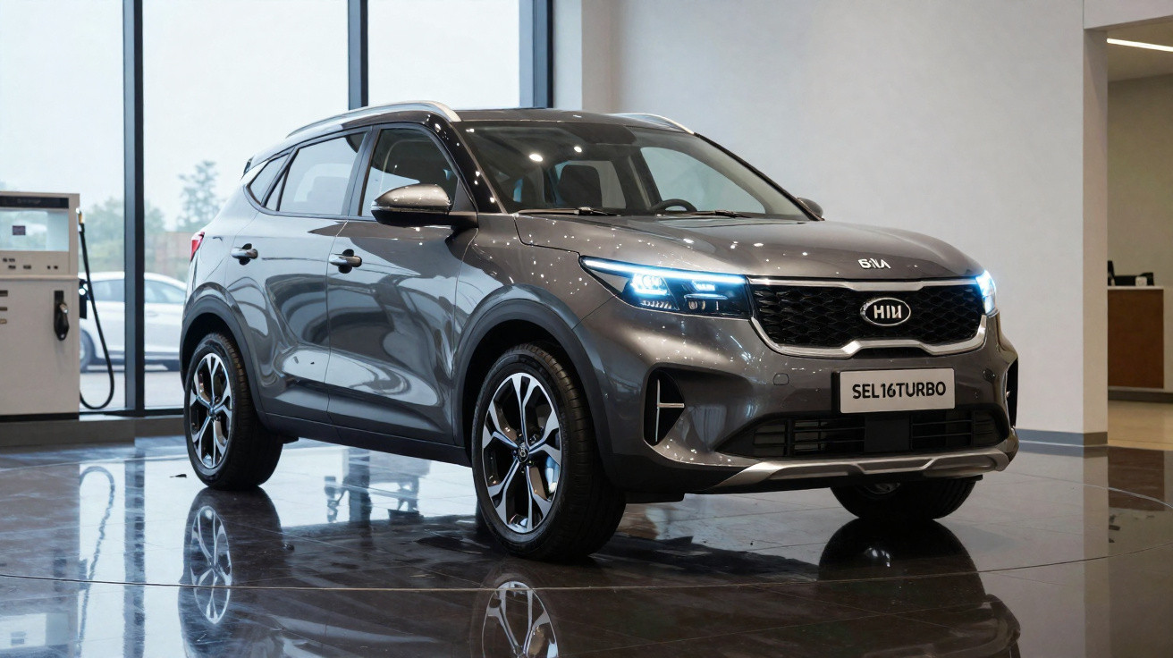 Carro SUV cinza escuro Kia SEL16TURBO estacionado em showroom com luzes ligadas.