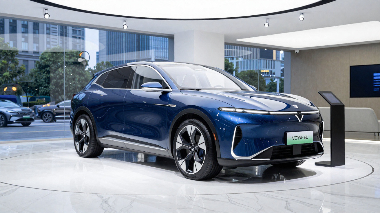 Carro elétrico azul em exposição em showroom moderno com paredes de vidro e iluminação branca.