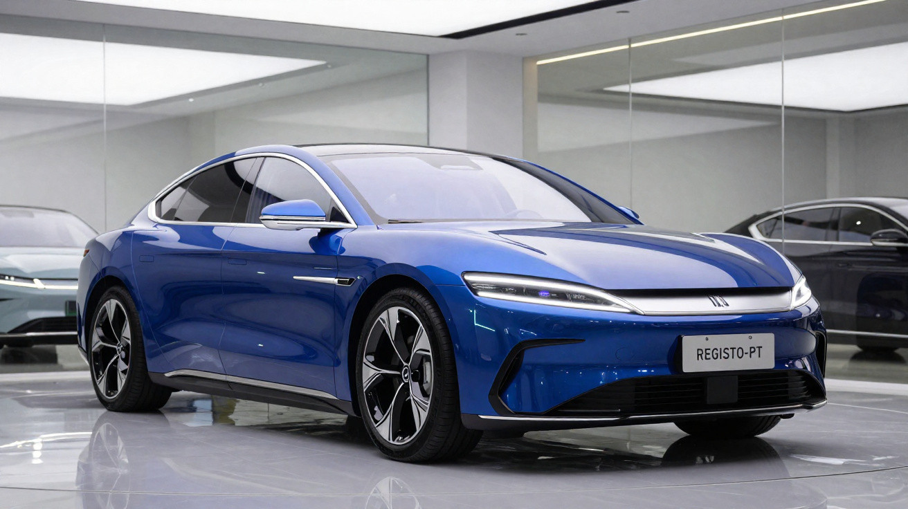 Carro elétrico esportivo azul brilhante em showroom moderno com piso refletivo e paredes espelhadas.