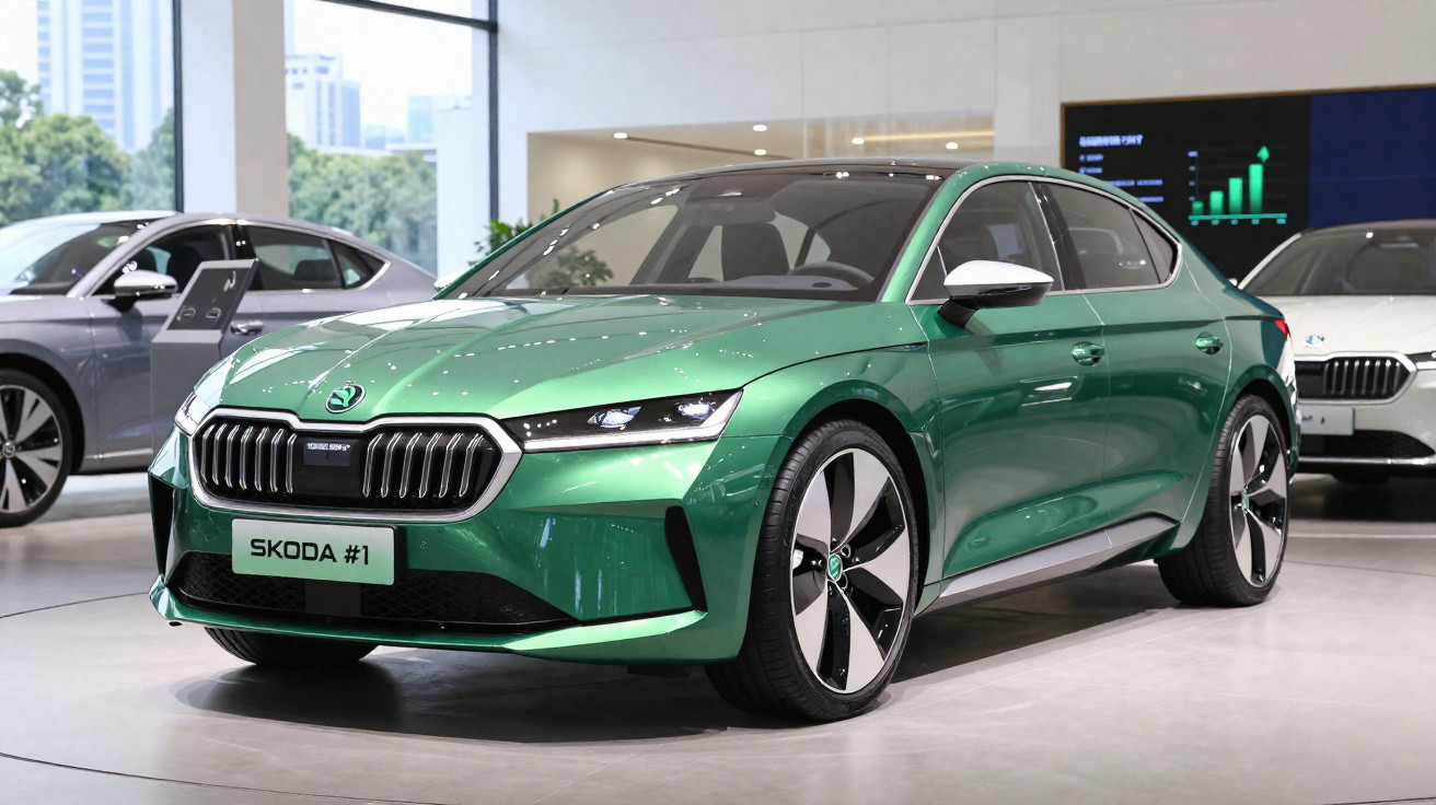 Carro elétrico verde Skoda #1 em exposição dentro de concessionária moderna e iluminada.
