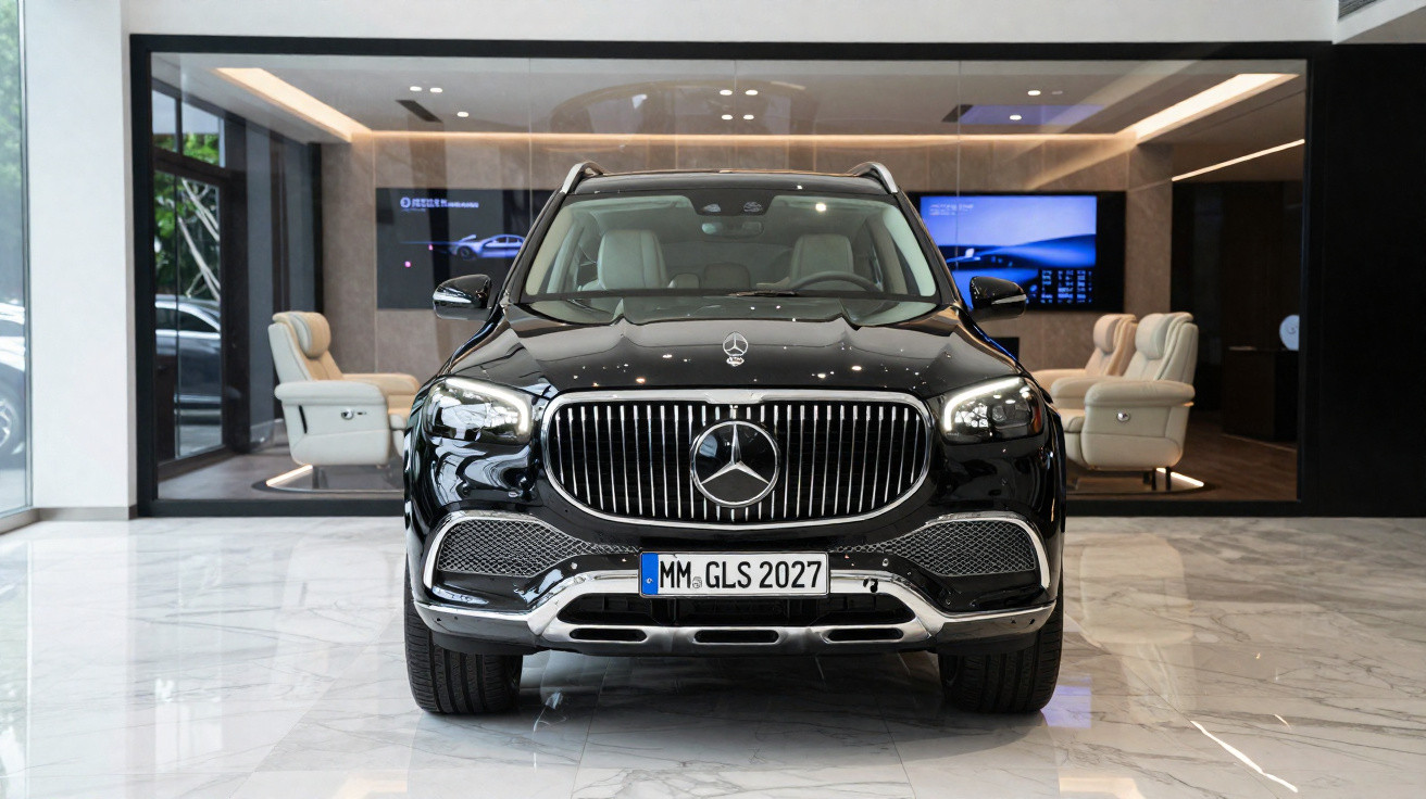 SUV Mercedes-Benz GLS preto visto de frente em ambiente interno sofisticado.