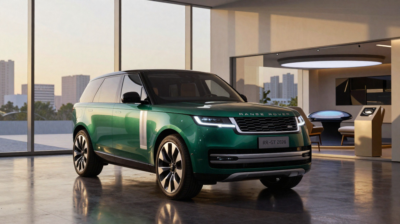 SUV Range Rover verde metálico estacionado em ambiente interno moderno com vidros amplos.