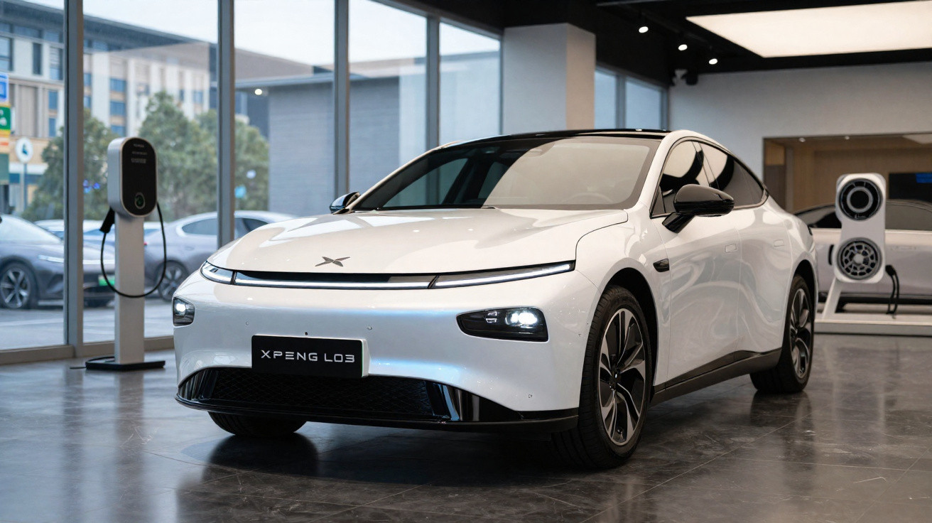 Carro elétrico branco XPeng L03 em showroom moderno com estação de recarga ao fundo.