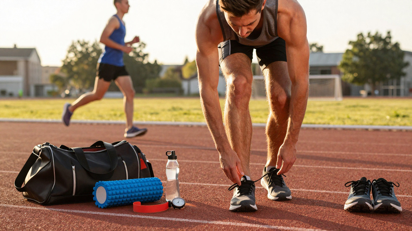 Homem amarrando tênis em pista de atletismo com equipamentos esportivos ao lado e outro corredor ao fundo.