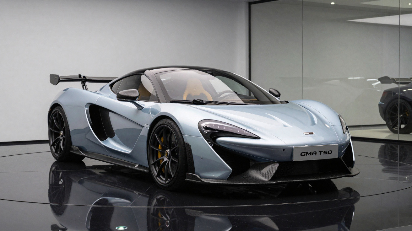 Carro esportivo McLaren GMA T50 cinza em exposição sobre piso preto refletivo em ambiente interno.
