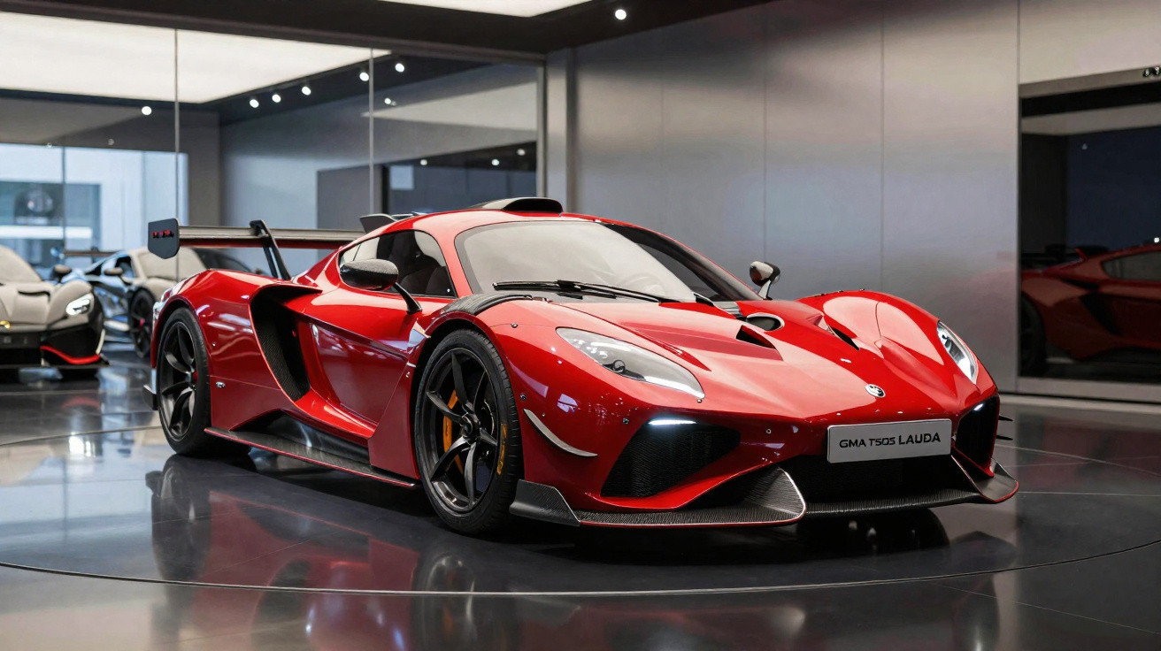 Carro esportivo vermelho GMA T.50S Lauda em exposição em ambiente moderno e iluminado.