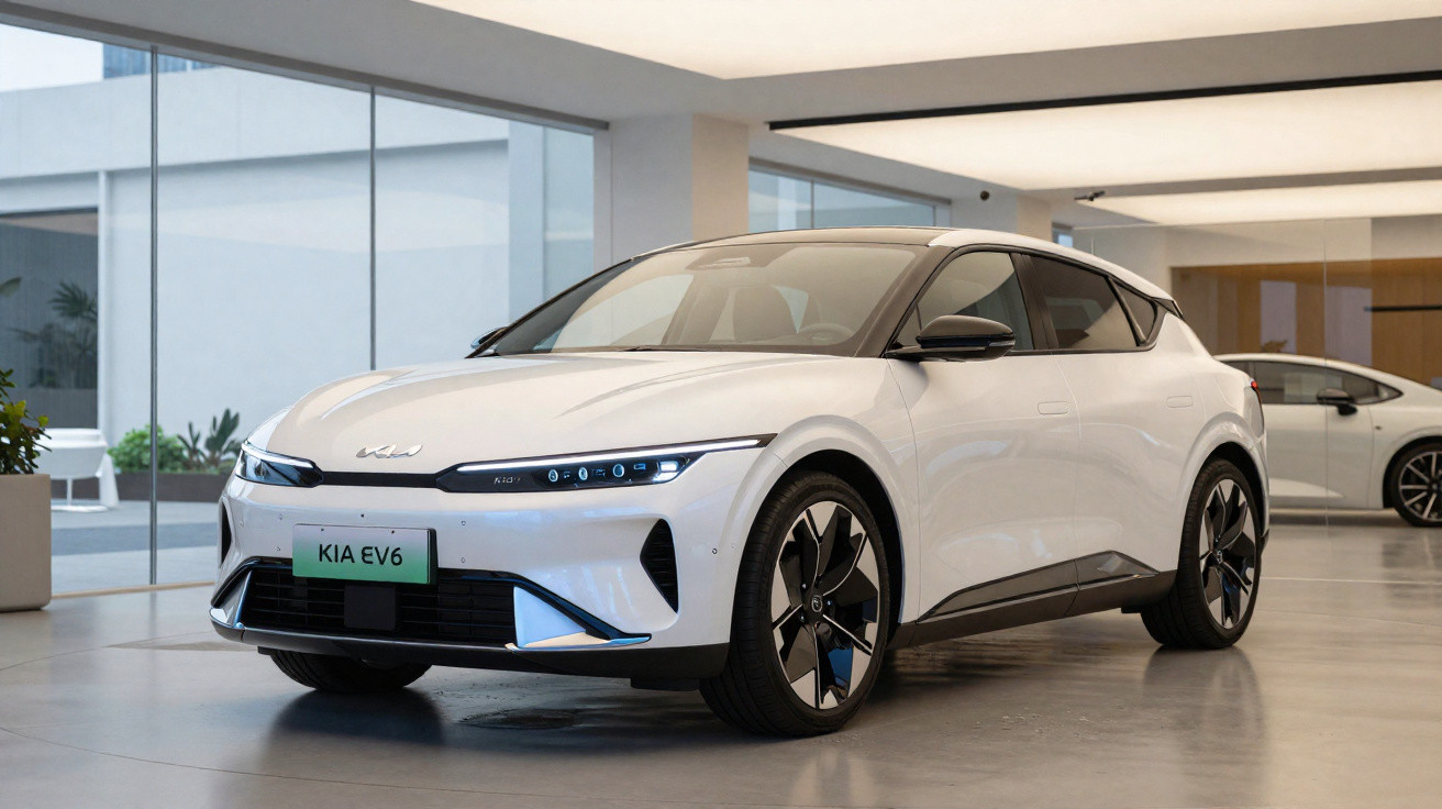 Carro elétrico branco Kia EV6 estacionado em ambiente interno moderno e iluminado.
