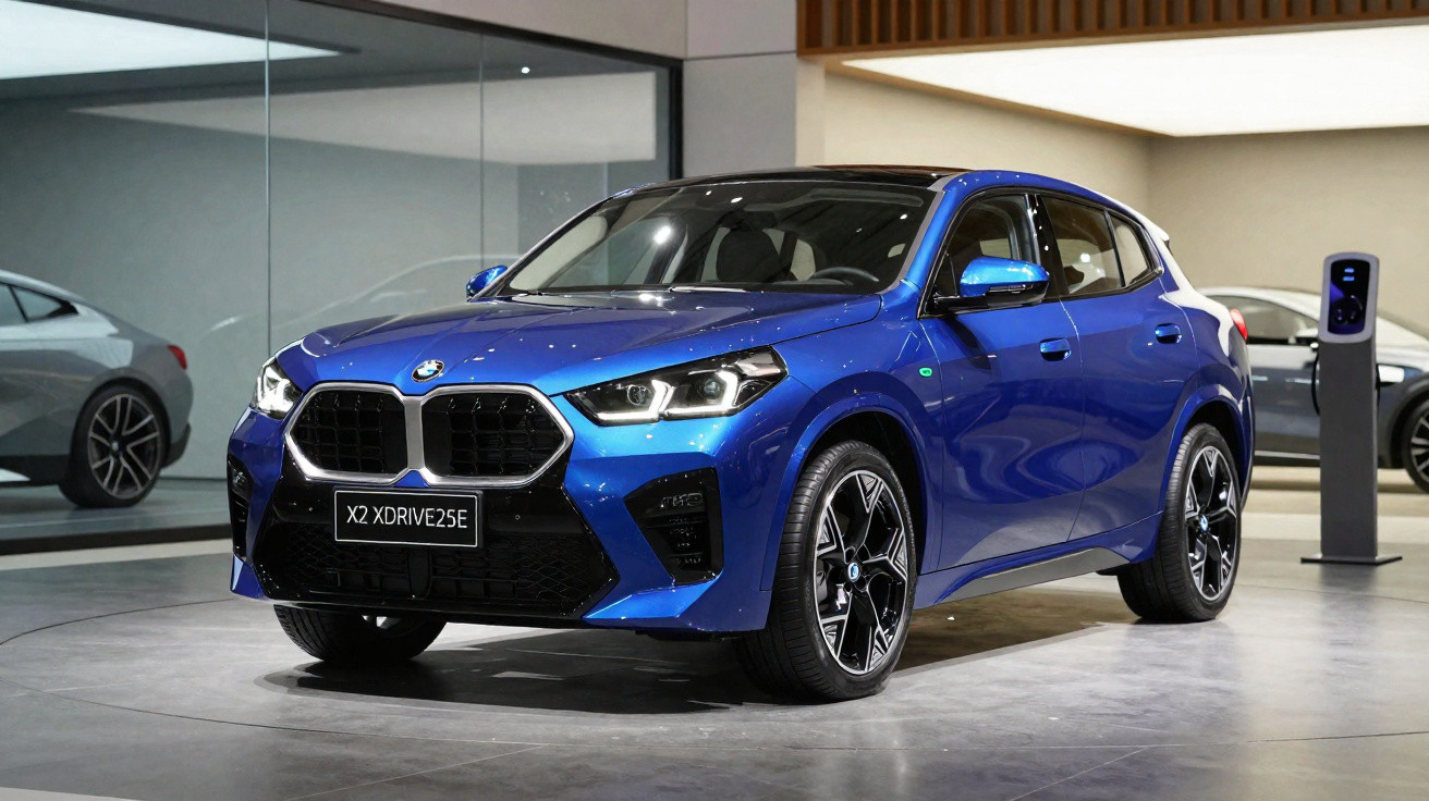 Carro SUV azul BMW X2 XDRIVE25E estacionado em ambiente interno moderno e iluminado.