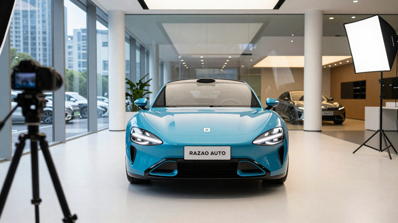 Carro esportivo azul exibido em showroom moderno, com câmera e iluminação para fotos profissionais.