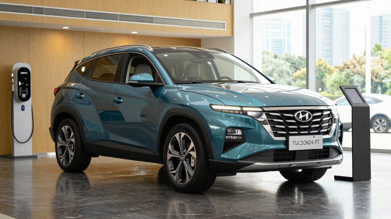 Carro Hyundai Tucson azul em exposição dentro de showroom moderno com iluminação natural.