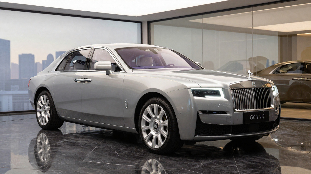Carro sedan de luxo cinza prata estacionado em chão refletivo dentro de showroom moderno com vidro.