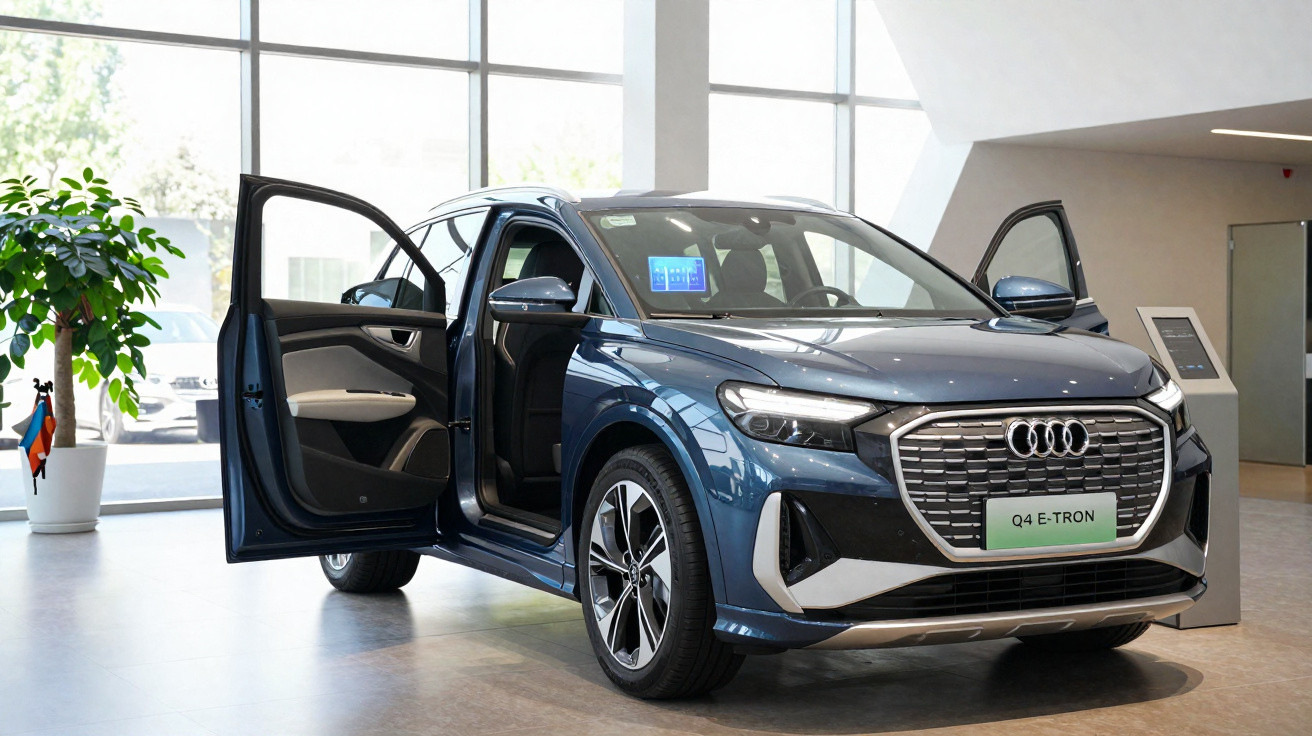 Carro elétrico Audi Q4 E-Tron azul com portas dianteiras abertas em showroom iluminado.