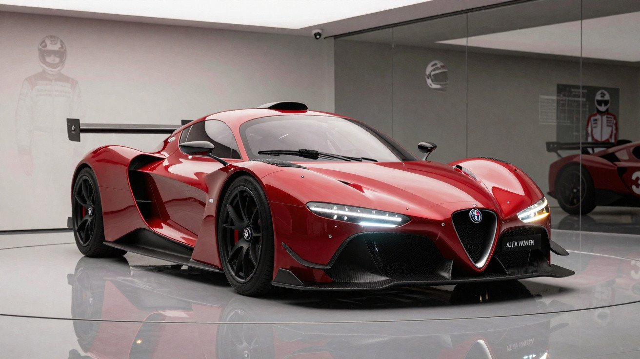 Carro esportivo Alfa Romeo vermelho estacionado em ambiente interno com iluminação refletida no piso branco brilhante.