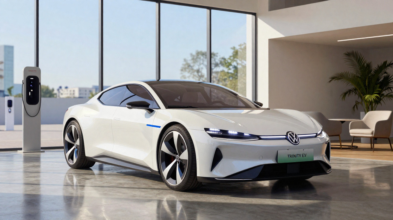 Carro elétrico Volkswagen branco modelo Trinity EV estacionado em sala moderna com carregador ao fundo.