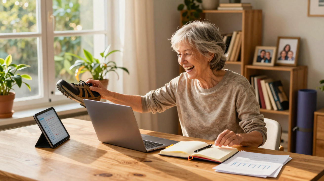 Mulher idosa sorrindo enquanto segura um tênis e trabalha no laptop em uma mesa com cadernos e plantas.