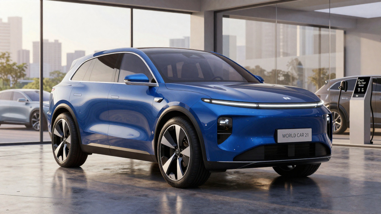 Carro elétrico SUV azul estacionado em showroom moderno com grandes janelas e área de recarga elétrica.