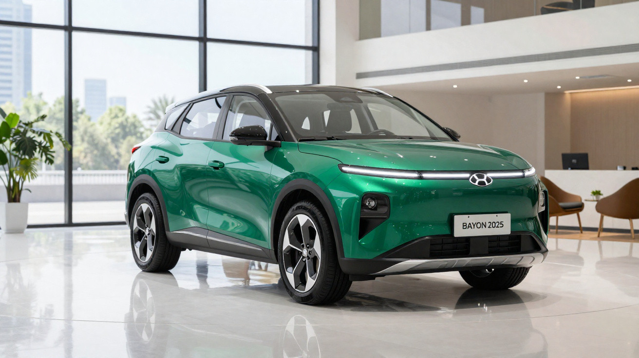 Carro elétrico Hyundai Bayon 2025 verde exposto em showroom moderno com grande janela ao fundo.
