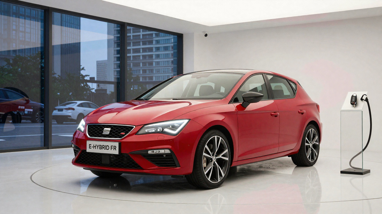 Carro vermelho híbrido Seat E-Hybrid FR em exibição, próximo a estação de carregamento dentro de showroom moderno.