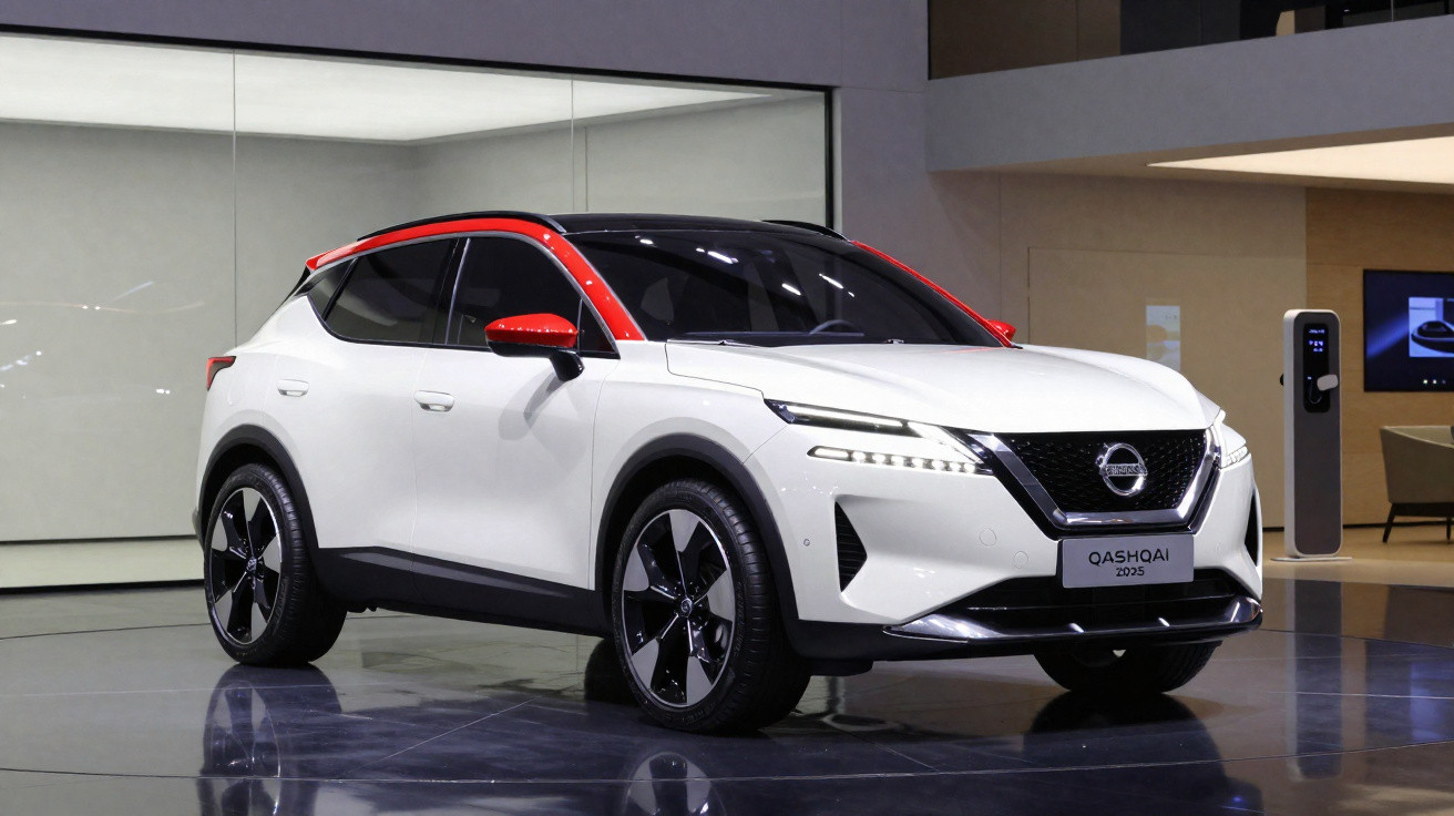 SUV Nissan Qashqai 2025 branco com teto vermelho exposto em salão de automóveis moderno.
