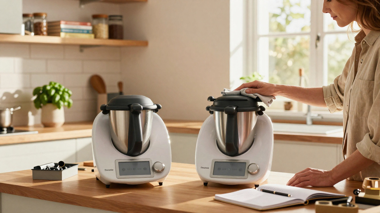 Mulher limpando tampa de processador de alimentos branco em cozinha moderna com outra unidade ao lado.