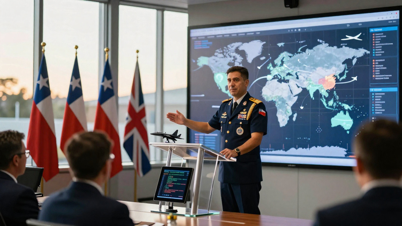 Militar em uniforme faz apresentação com mapa-múndi digital, ao lado de bandeiras do Chile e Reino Unido.