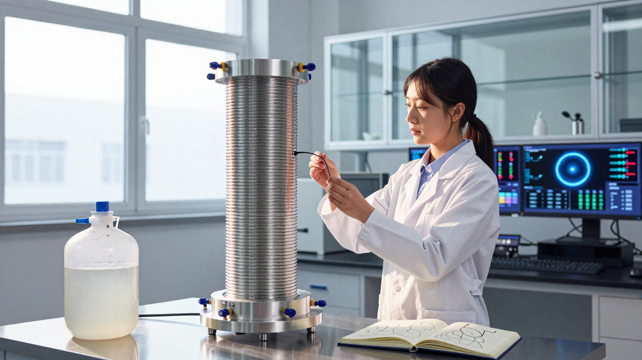 Mulher cientista em jaleco manipulando equipamento cilíndrico grande em laboratório moderno.