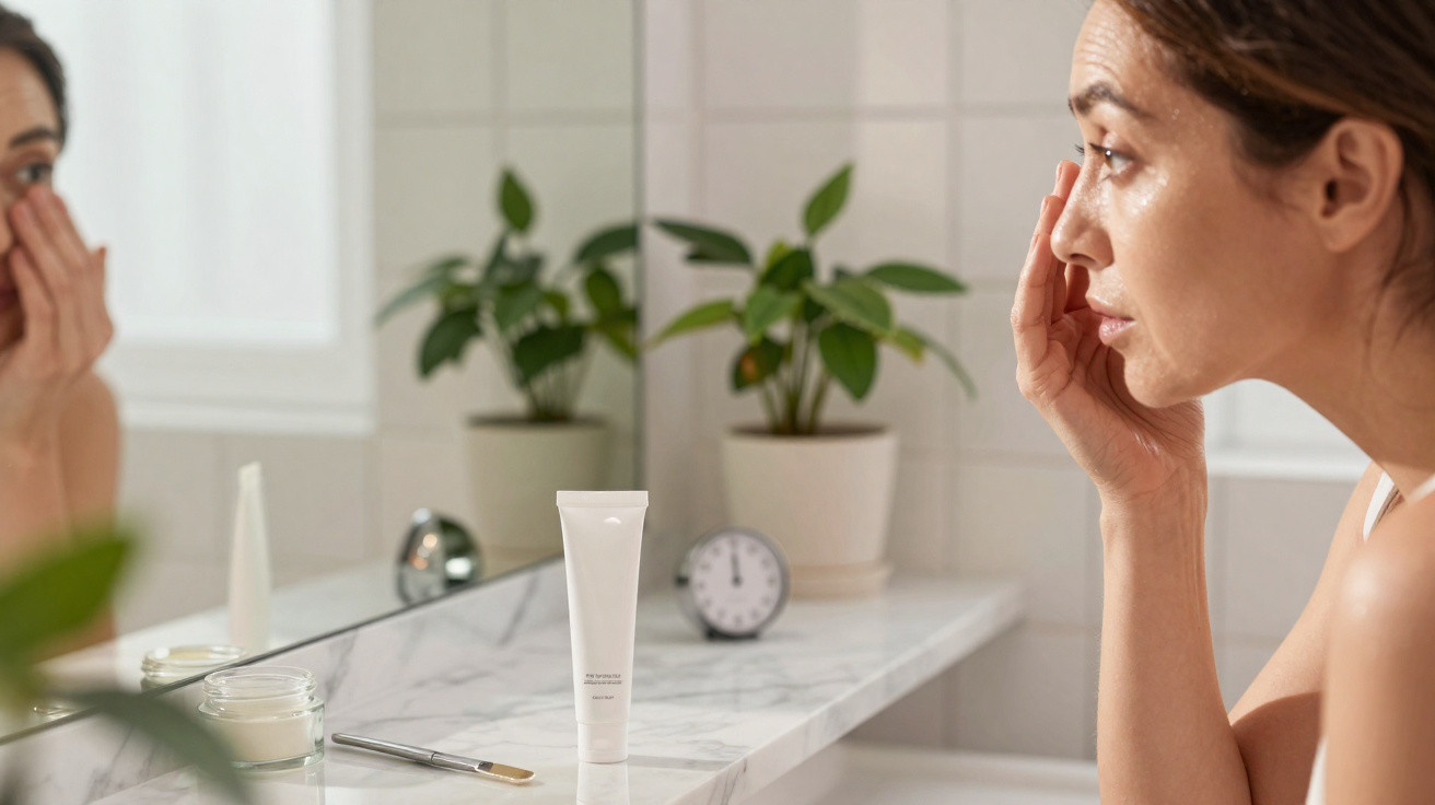 Mulher aplicando creme no rosto em frente ao espelho no banheiro com produtos de skincare na pia.