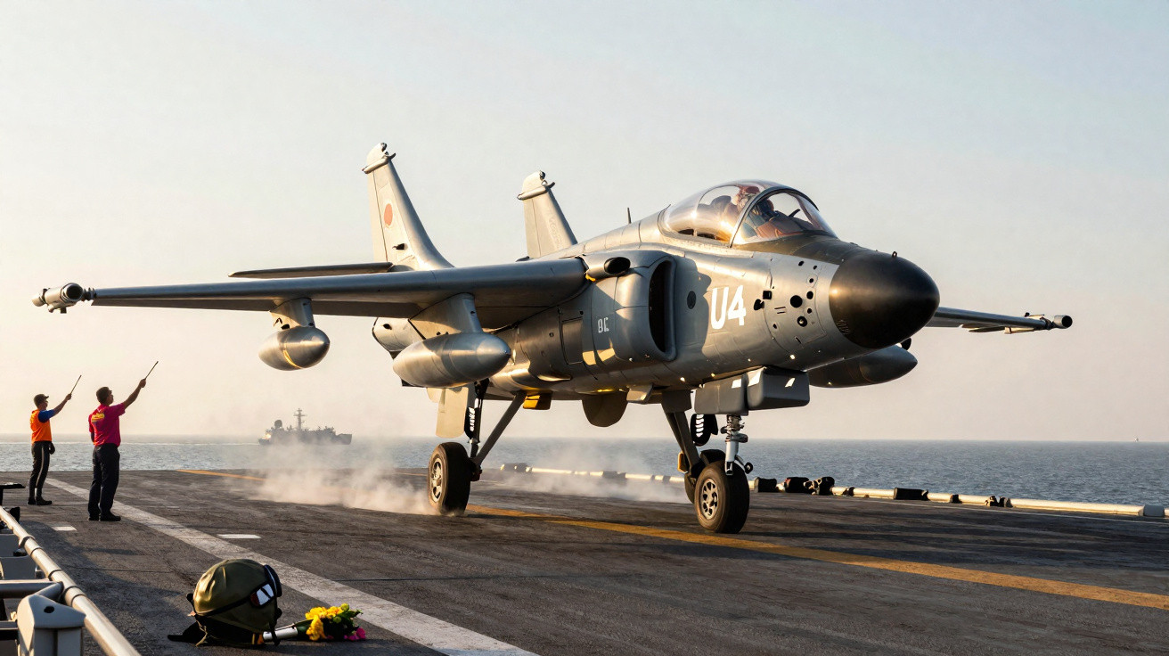 Avião militar fazendo pouso em porta-aviões com tripulação sinalizando na pista ao pôr do sol.