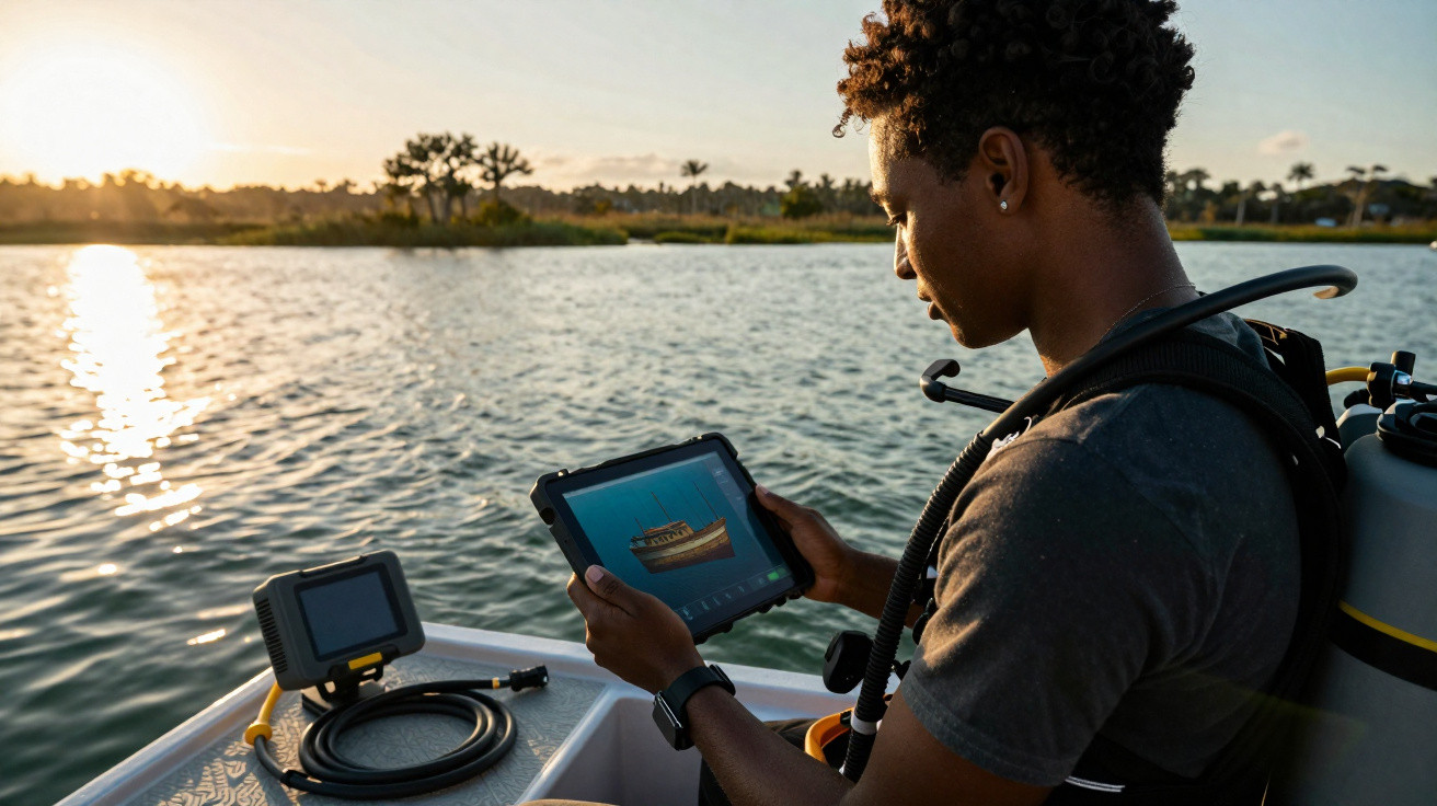 Homem sentado em barco usa tablet para observar imagem de embarcação no pôr do sol à beira do lago.