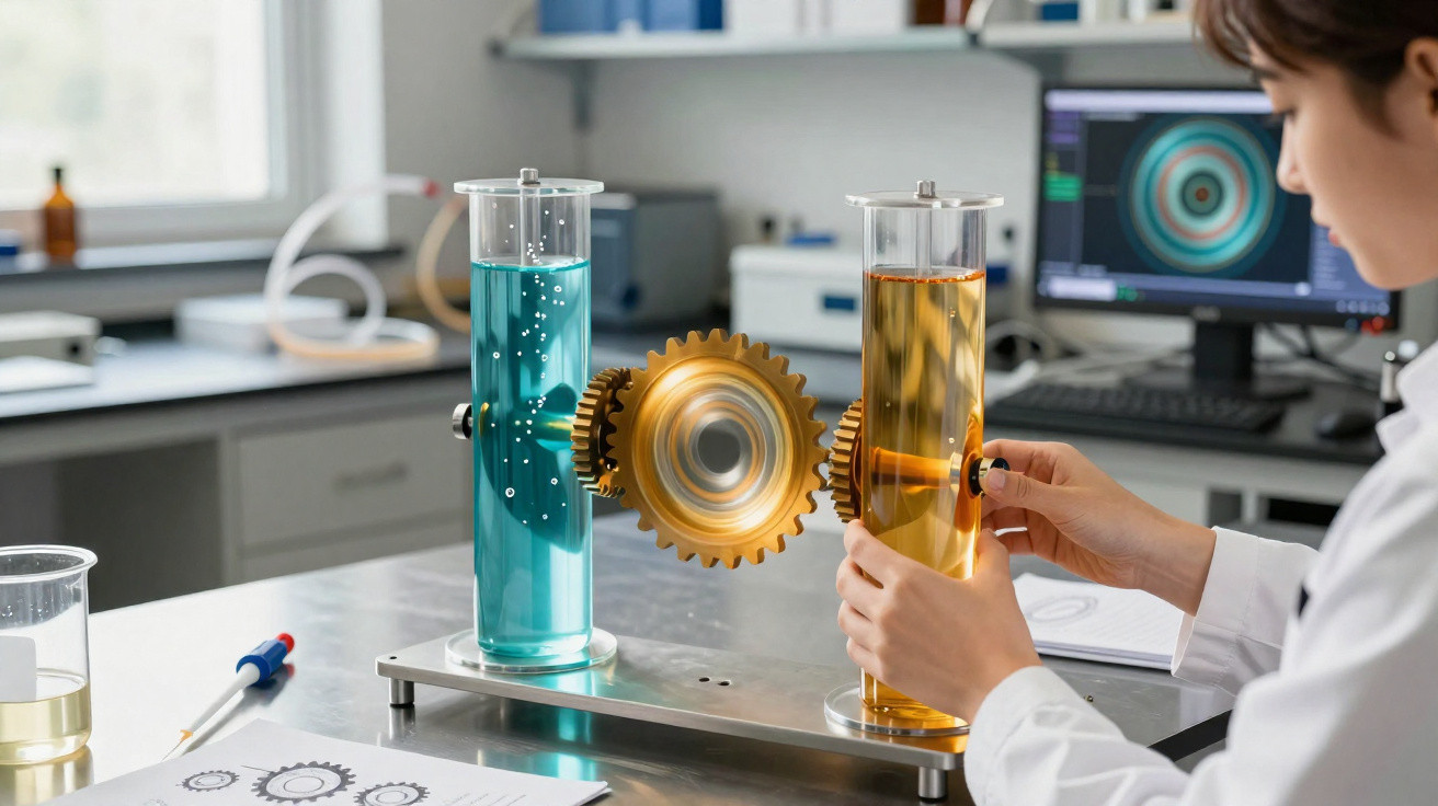 Pessoa ajustando engrenagens conectadas a cilindros com líquidos coloridos em laboratório tecnológico.