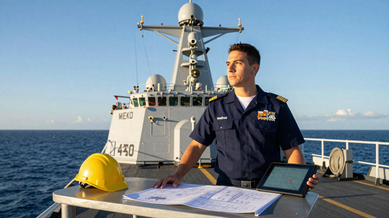 Jovem oficial da marinha em uniforme azul consulta mapas navais e tablet no convés de navio militar.