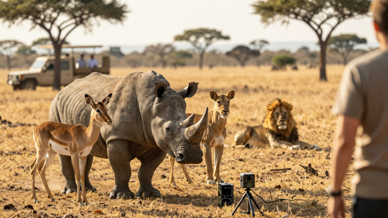 Rinoceronte e dois antílopes observam câmeras e um leão ao fundo em savana seca com pessoa e carro à distância.