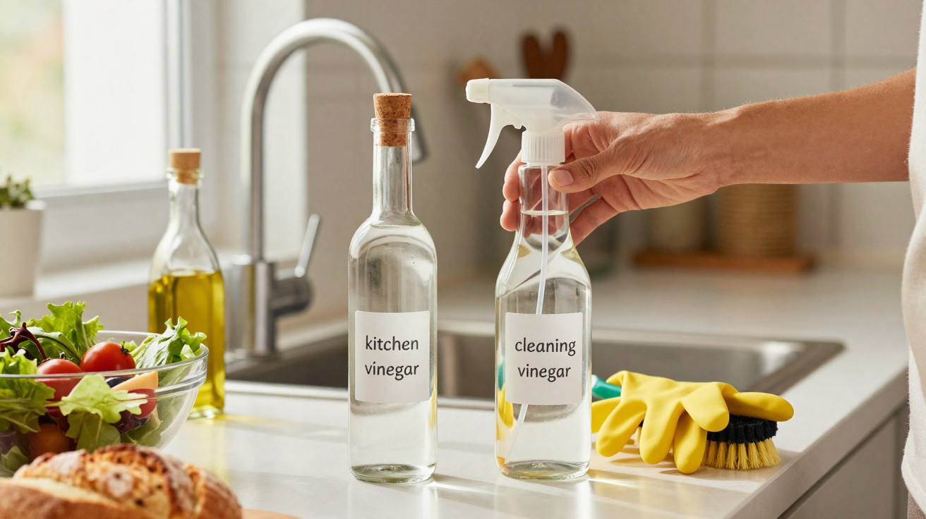 Mão segurando borrifador com vinagre de limpeza na cozinha com utensílios e alimentos ao fundo.