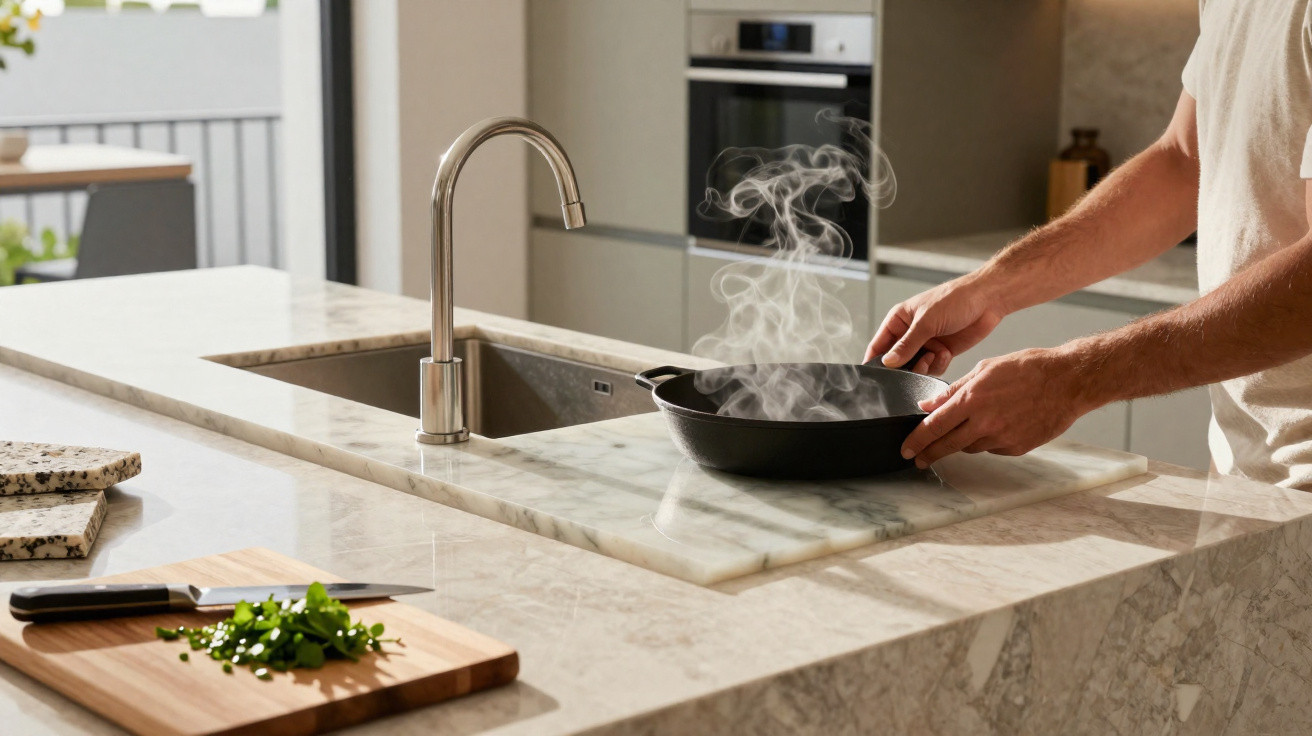 Pessoa segurando frigideira com vapor em cozinha moderna com bancada de mármore e tábua de cortar com ervas.